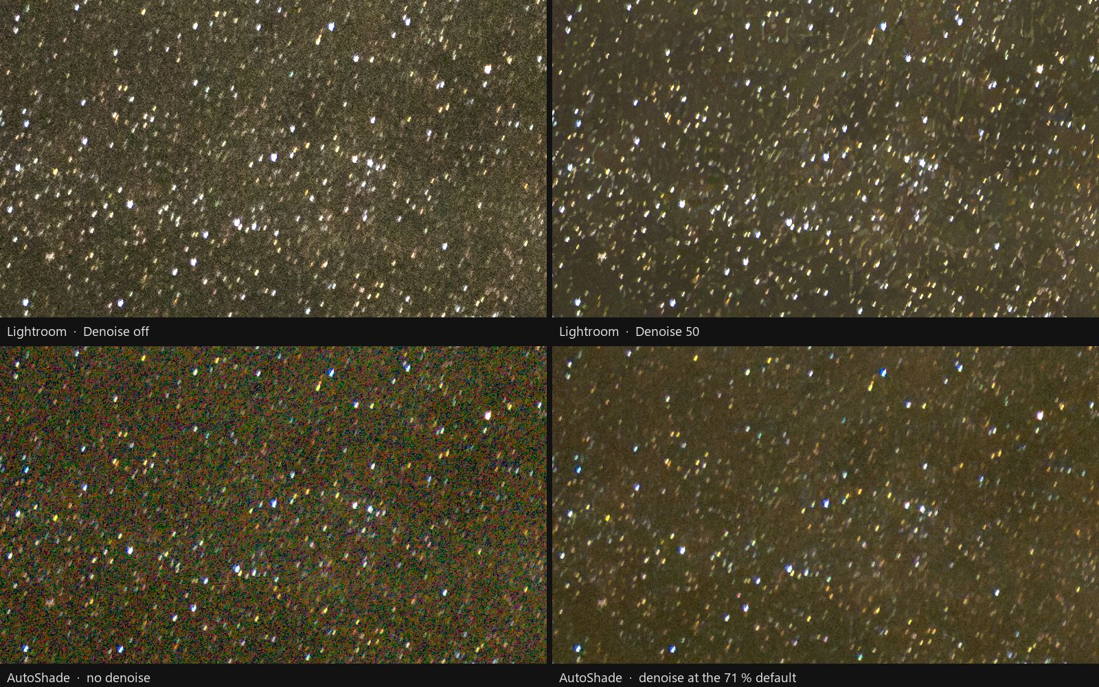 One 1:1 window of a 61 MP star field, four ways: Lightroom's develop with Denoise off and at 50, AutoShade's neutral develop with no denoise and with its own denoiser at the 71 % default