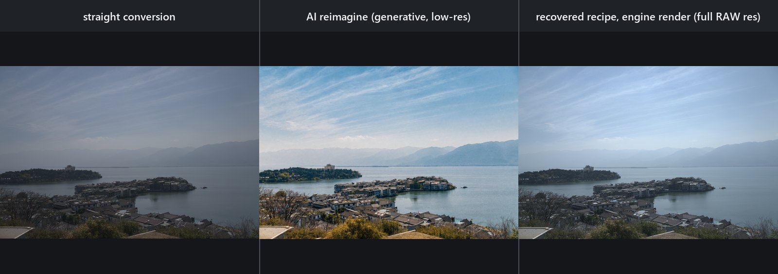 Lakeside island town: neutral conversion, AI-generated target, and reverse-fitted full-resolution engine render
