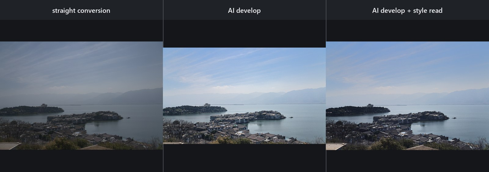 Lakeside island town: straight conversion, AI develop, and AI develop with style read