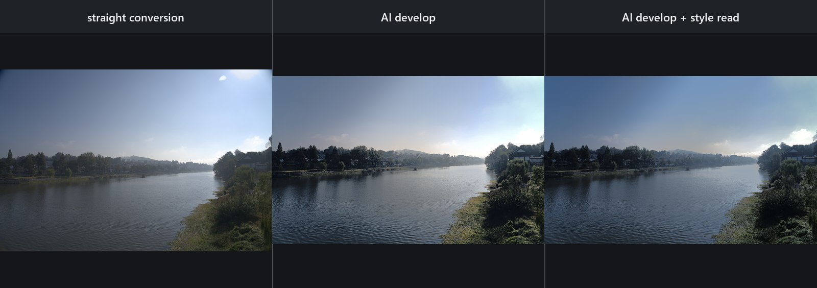 River bend: straight conversion, AI develop, and AI develop with style read