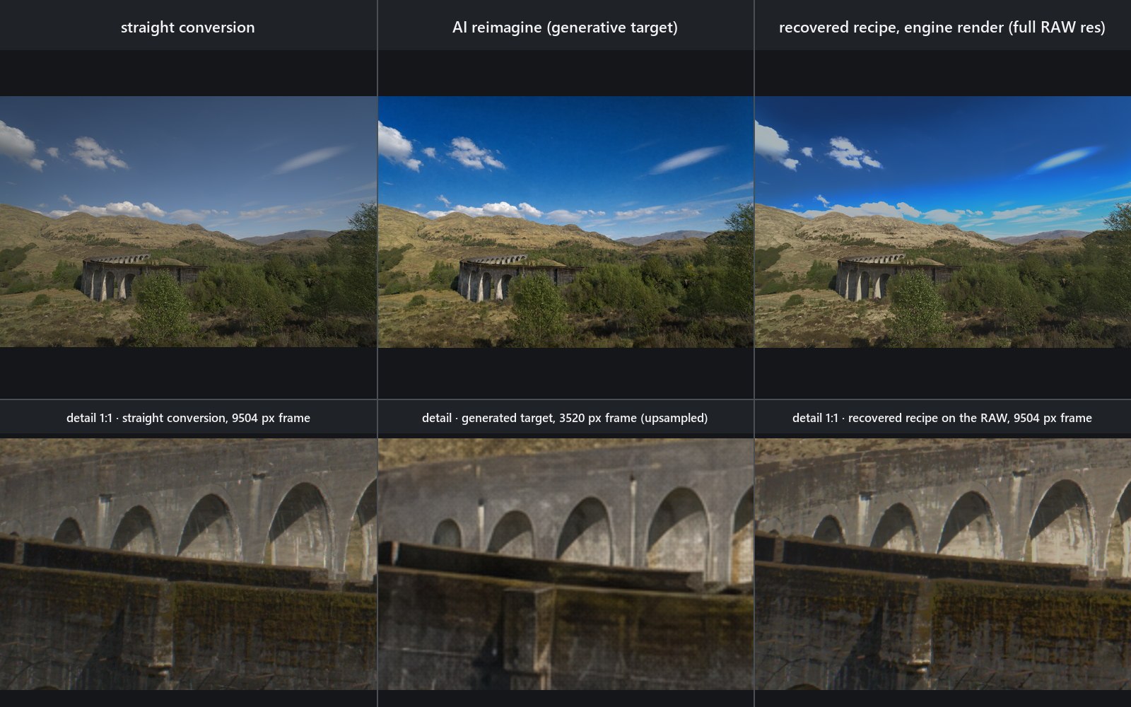 Stone viaduct: straight conversion, generated target, and the recovered recipe rendered on the RAW, with a 1:1 detail row
